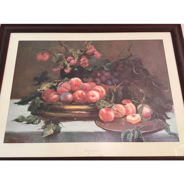 This is a lot lovely large lithograph print of a beautiful still life depiction of peaches, plums, and flowers by the...