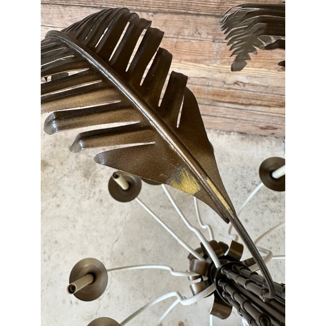 Brass Vintage 12-Light Tole Palm Leaf Chandelier With Sculptural White Arms For Sale - Image 8 of 12