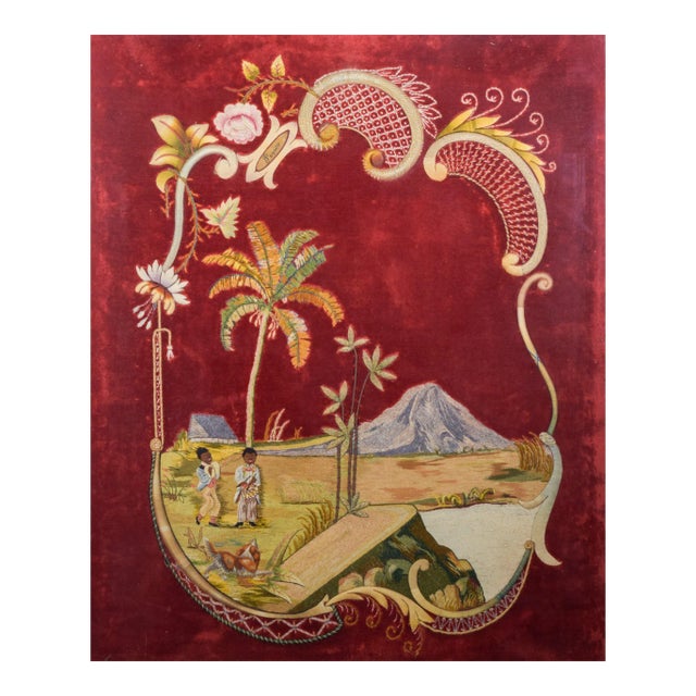 Framed Embroidery of Oasis and Mountain For Sale