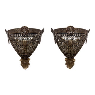 Hollywood Regency Brass and Crystal Sconces, Usa, 1990s For Sale