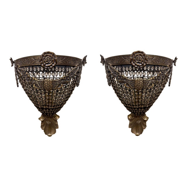 Hollywood Regency Brass and Crystal Sconces, Usa, 1990s For Sale