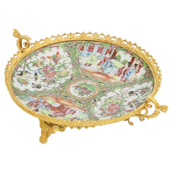 Canton Porcelain and Bronze Plate, 1880s For Sale