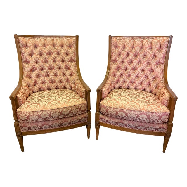 Vintage 1960's Regency Style Fruitwood With Tufted Upholstery High Back Chairs- a Pair For Sale
