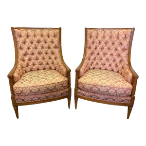 Vintage 1960's Regency Style Fruitwood With Tufted Upholstery High Back Chairs- a Pair
