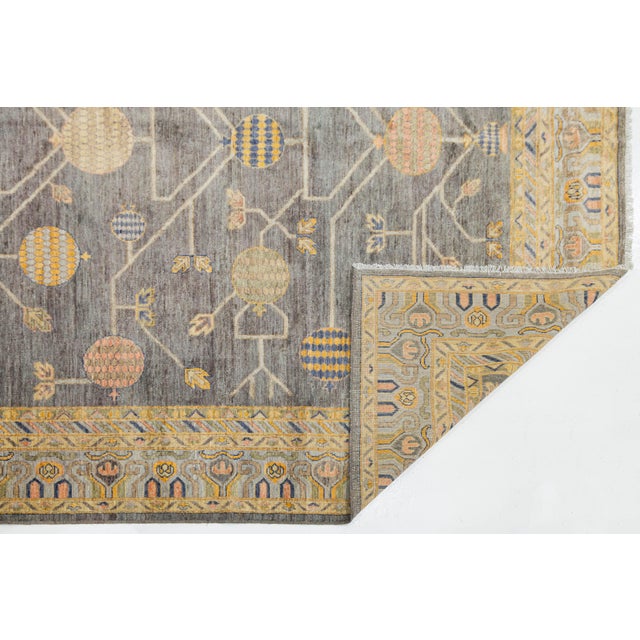 Modern Modern Khotan Style Rug Hand-Knotted Wool Pomegranate Design in Charcoal & Ochre For Sale - Image 3 of 11