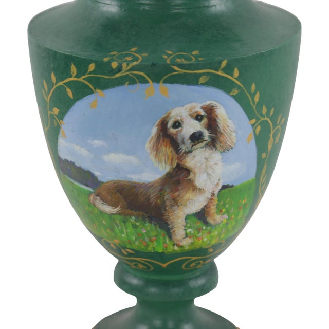 Vintage Urn Shaped Table Lamp With Hand Drawn Dog Image on Green Background For Sale In New York - Image 6 of 7