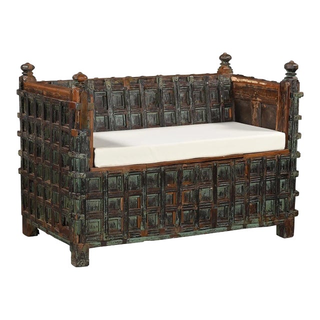 Rustic Ranch Style Storage Bench Made from Reclaimed 1920s Teak Wood For Sale