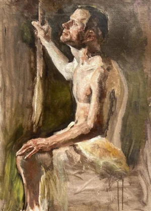 Mid 20th Century "Dreamer" Mid-Century Impressionist European Nude Man Portrait Painting
