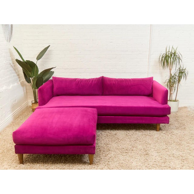 Raspberry Fuschia Velvet Sofa With Ottoman For Sale - Image 10 of 12