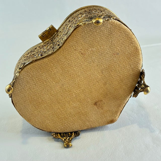Metal Vintage Gold Tone Heart Shaped Ormolu Filigree Jewelry Box For Sale - Image 7 of 12