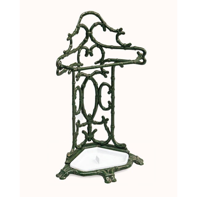 Antique french dark green enameled cast iron umbrella stand or walking stick holder, ca. 1890-1900. A good looking cast...