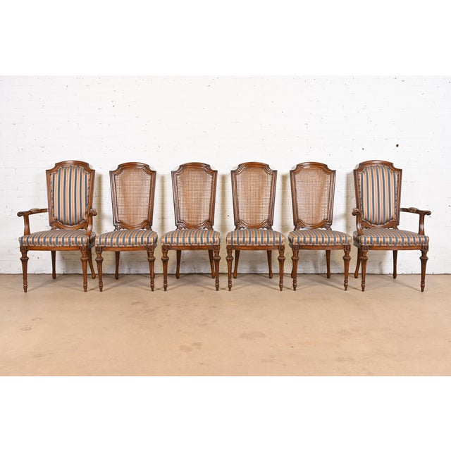 French Provincial Henredon Style French Regency Louis XVI Carved Walnut and Cane Back Dining Chairs, Set of Six For Sale - Image 3 of 12