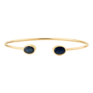 3.08 Carat Blue Sapphire Open Cuff Bangle Bracelet in 14k Yellow Gold For Sale