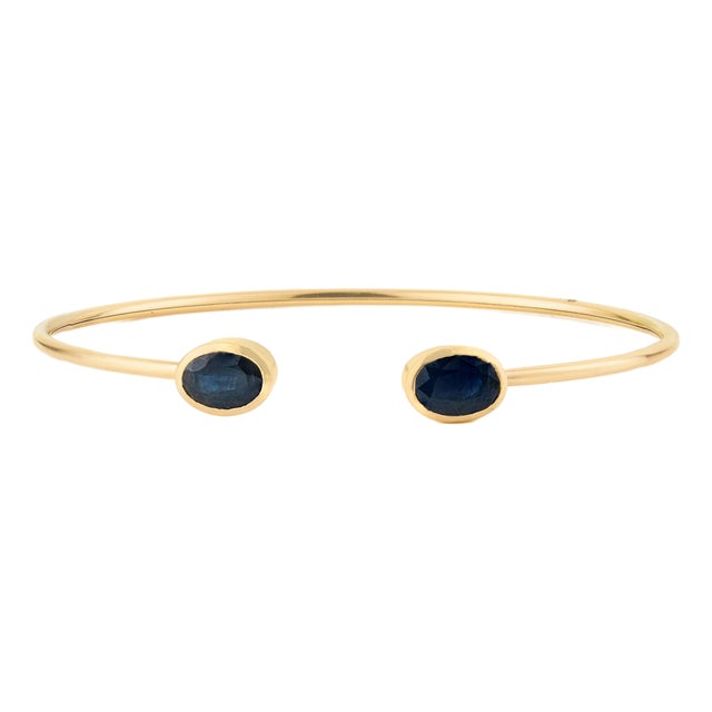 3.08 Carat Blue Sapphire Open Cuff Bangle Bracelet in 14k Yellow Gold For Sale