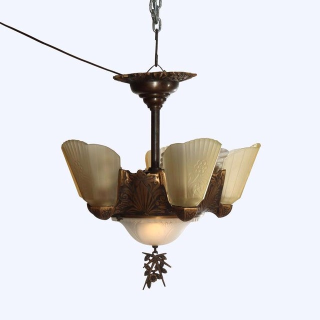 1920s Art Deco 5-Light Bronze Finish Hanging Lamp With Stylized Fans C1920 For Sale - Image 6 of 14
