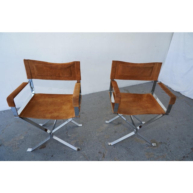 1970s Set of 4 Alessandro Albrizzi Chrome & Cognac Suede Director Chairs For Sale - Image 15 of 17