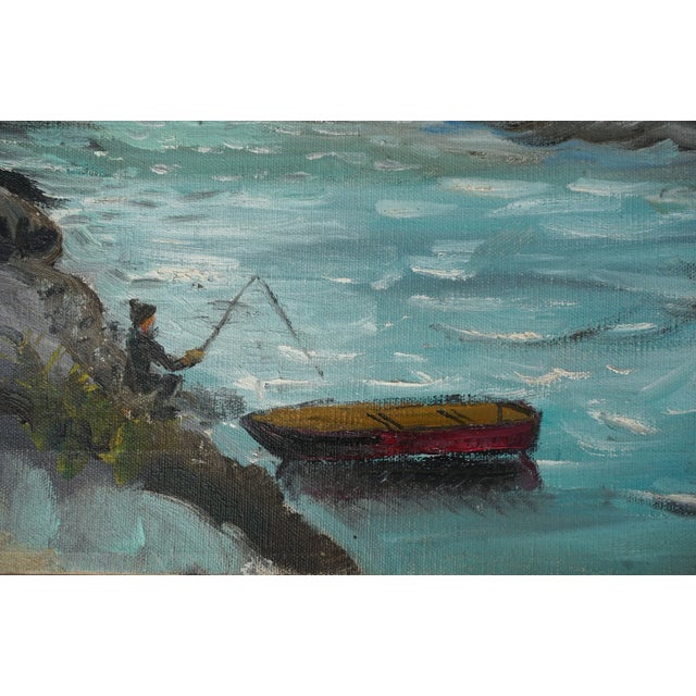 Wonderful mid century oil painting of a lone fisherman on the levee at Coyote Point in San Mateo, California by Ruth...