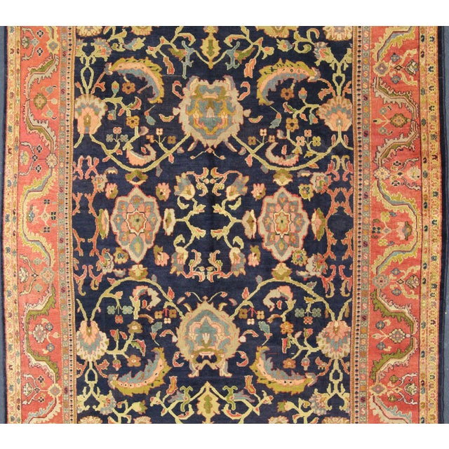 Antique Persian Sultanabad Carpet in Navy Blue Background and Rose Red Border 10'5 X 13' For Sale - Image 4 of 18