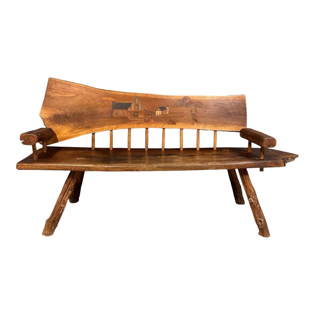 1970s Outsider Artist Country Solid Slab Bench With Marquetry Barn Scene For Sale