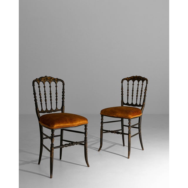 1880s French Napoleon III Chiavari Chairs In Ebonized Wood & Upholstery - A Pair For Sale - Image 16 of 18