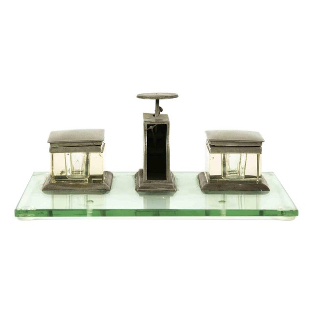 Vintage Silver and Glass Inkwell, Italy, Mid-20th Century For Sale