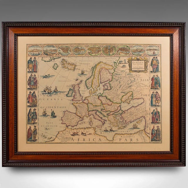 This is a vintage reproduction map of Europe. An American, paper stock cartography print in frame after the work by...