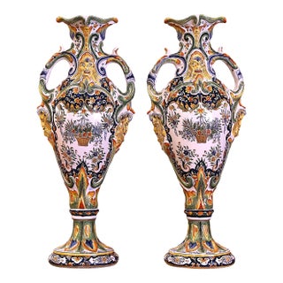 Pair of Early 20th Century French Hand Painted Faience Vases From Rouen For Sale