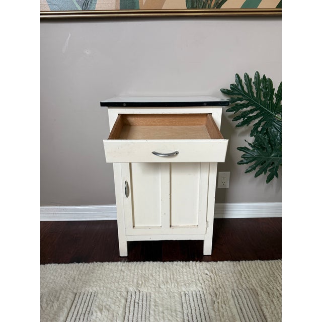 Farmhouse Antique Early 1900s White Painted Small Cabinet With Enamel Metal Top For Sale - Image 3 of 11