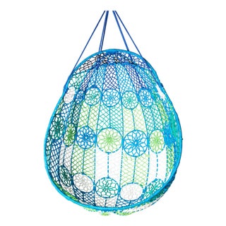 Groovy Mod Woven Fiber Cord Hanging Egg Chair in Blue Green White For Sale