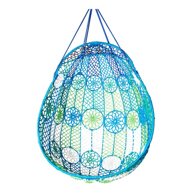Groovy Mod Woven Fiber Cord Hanging Egg Chair in Blue Green White For Sale