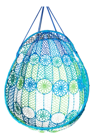Groovy Mod Woven Fiber Cord Hanging Egg Chair in Blue Green White