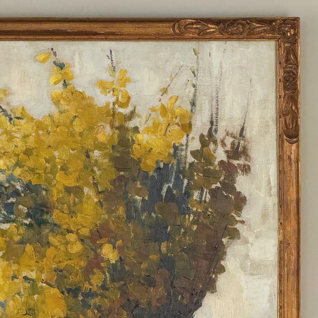 Mustard Framed Oil Painting on Canvas by Clemence Biron Dated 1925 'Forsythia' For Sale - Image 8 of 17