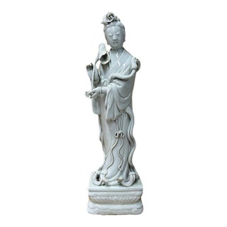 Vintage Off White Porcelain Standing Bodhisattva GuanYin Lotus Statue For Sale