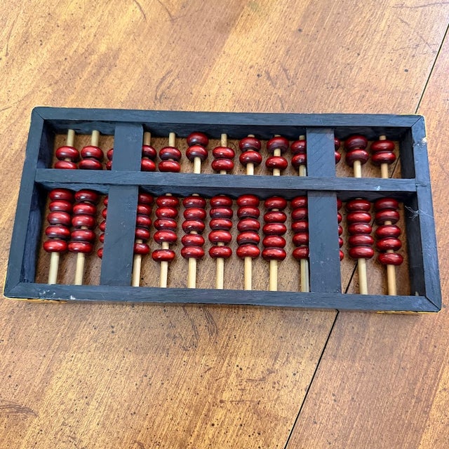 Vintage Chinese Wooden Abacus 13 Column Suanpan Red Beads Black Frame 10.5in For Sale - Image 9 of 11