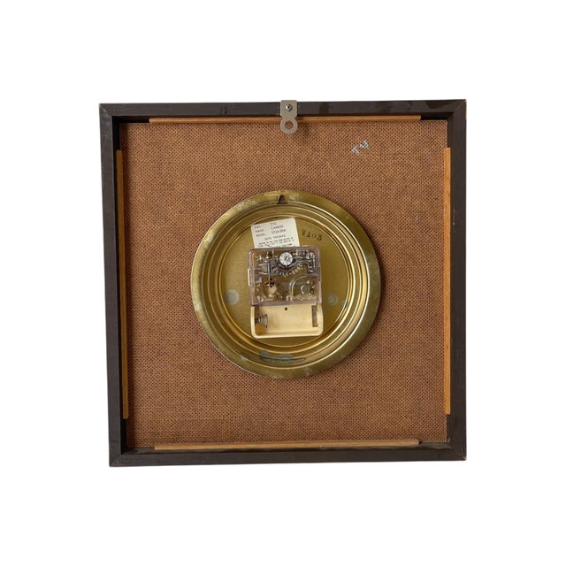 1960s Vintage Mid-Century Modern Seth Thomas Wall Clock "Candid" Model E326-004 in Likely Walnut Shadow Box With Brass Toned Dial For Sale - Image 5 of 10