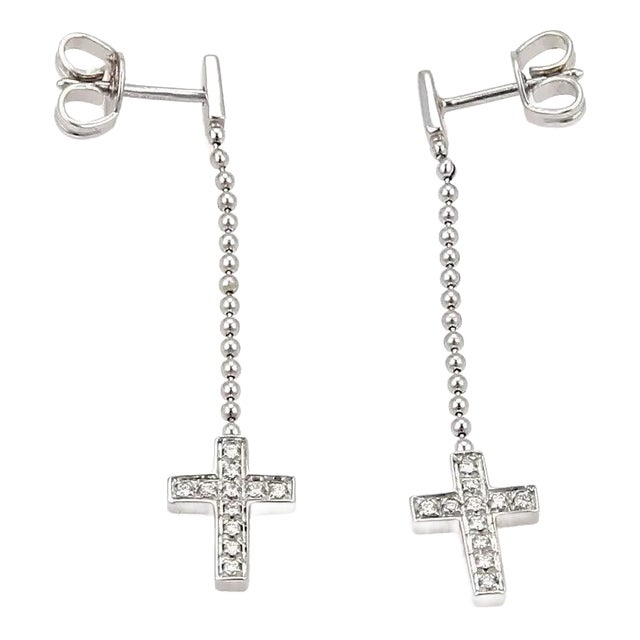 Gucci Diamond 18k White Gold Drop Dangle Cross Earrings , 2 Pieces For Sale