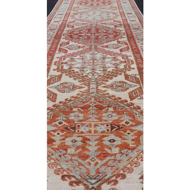 Early 20th Century Antique Hand-Knotted Sarab Runner With Sub-Geometric Design in Red, Blue & Ivory 3'0 X 10'5 For Sale - Image 5 of 13