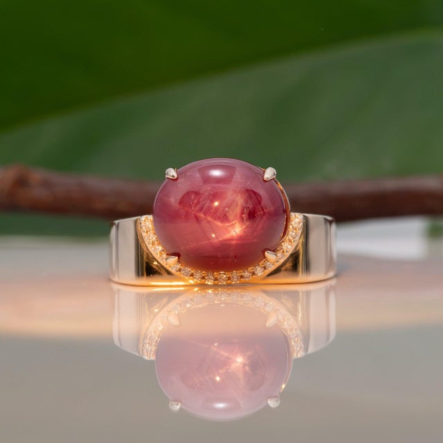 2020s 8.3Ct Star Ruby Ring With Earth-Mined Diamond Accents: Solid 14k Gold, 12x10mm, Size 6.75 For Sale - Image 5 of 9