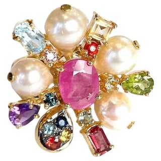 Bochic “Orient” StarBurst Multi Gem & Pearl Cocktail Ring Set 18K Gold & Silver, Size 6 For Sale