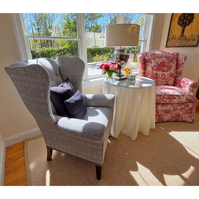 Custom Wingback Chair in Red Raspberry and Cream in Heritage Toile by Brunschwig & Fils For Sale - Image 12 of 17