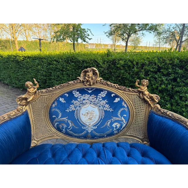 Blue 1940 French Louis XVI Gold Beech Blue Velvet Settee For Sale - Image 8 of 18
