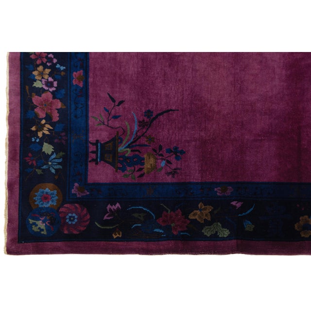 Textile Antique Chinese Art Deco Rug Vibrant Plum & Navy Wool 9x12 For Sale - Image 7 of 11