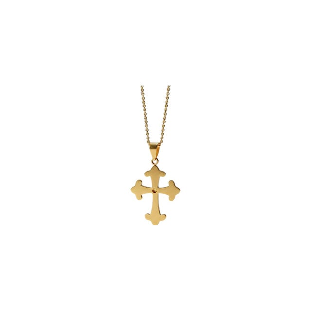 Metal Vintage 14k Yellow Gold Blue Enamel Cross Pendant With Garnet Center & 16" Cable Chain For Sale - Image 7 of 9