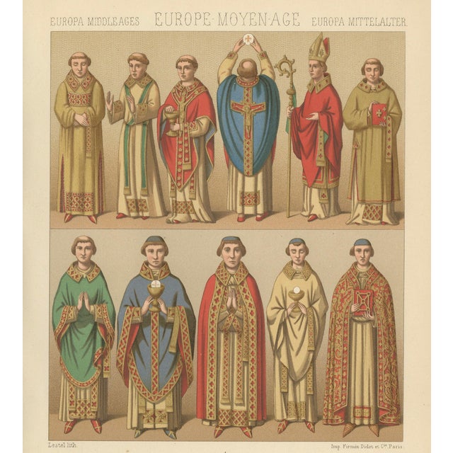 Racinet, Gothic Vestments: Medieval European Clergy Costumes, 1888, Chromolithograph For Sale