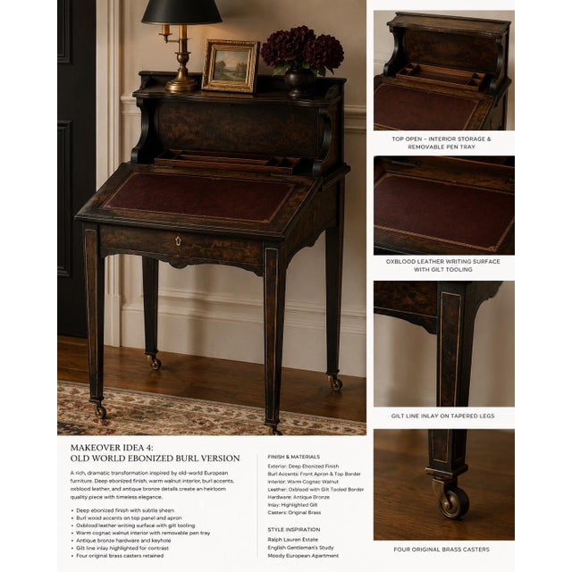 Mid 20th Century Old World Ebonized Burl Flip-Top Writing Desk / Designer Bedside Table With Oxblood Leather For Sale - Image 4 of 4