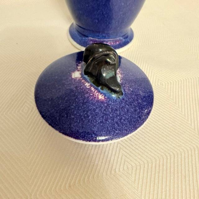 Ceramic Edgecomb Potters Maine Blue and Black Drip Glaze Lidded Urn Form Jar For Sale - Image 7 of 9