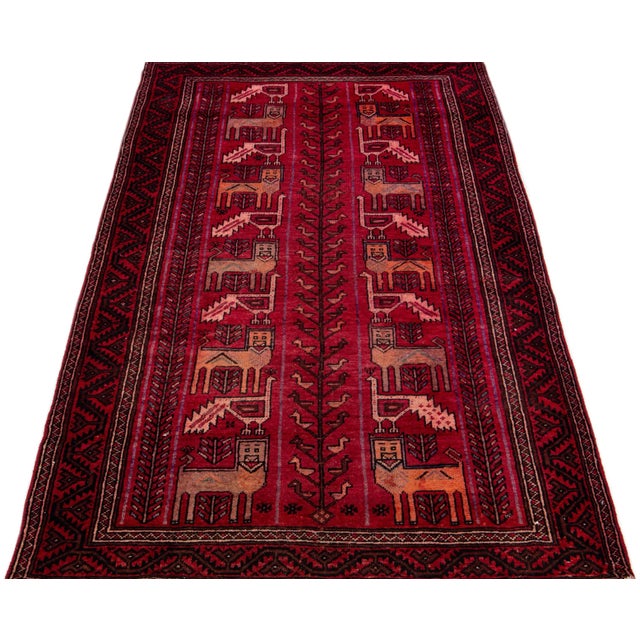 Persian 1960s Vintage Shiraz Handmade Pictorial Red Wool Rug For Sale - Image 3 of 7