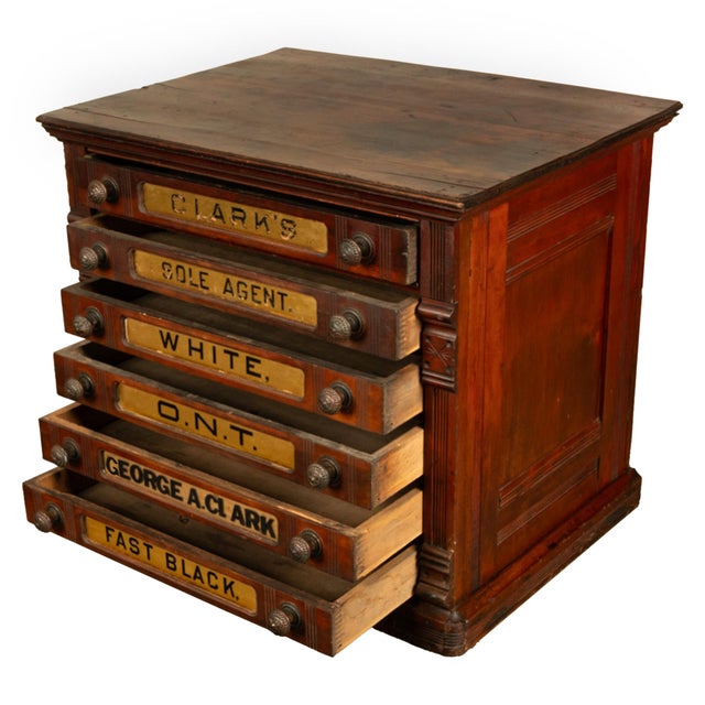 Antique Eastlake Clark's Walnut Mercantile Store Advertising Thread Cabinet 1880 For Sale - Image 4 of 18