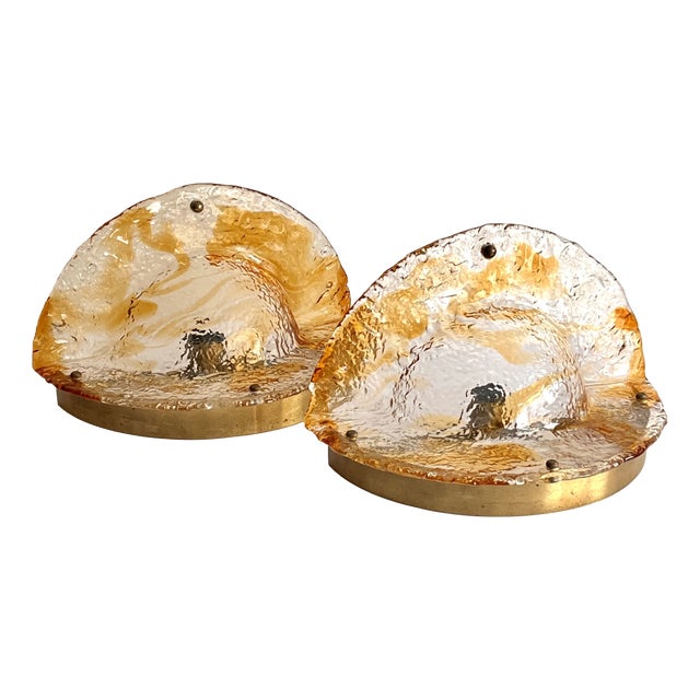 Large Wall Lamps in Amber Murano Glass and Brass Frame from Mazzega, 1960s, Set of 2 For Sale