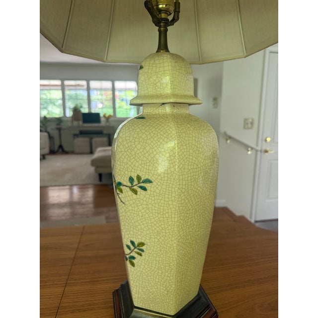 Ceramic Mid 20th Century Paul Hanson Chinoiserie Crackle Glaze Ceramic Table Lamp | Birds & Blossoms | Vintage For Sale - Image 7 of 12